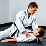 A professional male and female athlete in modest, professional combat sports attire, demonstrating light, controlled grappling technique on a padded mat in a well-lit modern martial arts gym. They are focused on precision and mutual learning, exhibiting clear communication and respect. Their poses are natural and controlled, emphasizing technique over aggression. Perfect anatomy, correct proportions, well-formed hands, proper finger count, natural body proportions. Professional photography, high detail, studio lighting. safe for work, appropriate content, fully clothed, professional, family-friendly.