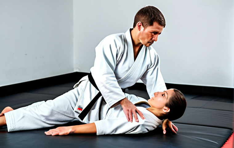 A professional male and female athlete in modest, professional combat sports attire, demonstrating light, controlled grappling technique on a padded mat in a well-lit modern martial arts gym. They are focused on precision and mutual learning, exhibiting clear communication and respect. Their poses are natural and controlled, emphasizing technique over aggression. Perfect anatomy, correct proportions, well-formed hands, proper finger count, natural body proportions. Professional photography, high detail, studio lighting. safe for work, appropriate content, fully clothed, professional, family-friendly.