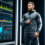 A professional male athlete in a modest, dark grey athletic tracksuit, standing confidently in a futuristic, clean gym setting. He is intently viewing a large, sleek display showing vibrant, data-driven performance analytics like speed and power charts. The environment is well-lit with modern design elements, emphasizing technology and precision. fully clothed, appropriate attire, safe for work, professional, perfect anatomy, correct proportions, natural pose, well-formed hands, proper finger count, natural body proportions, professional photography, high quality, commercial advertisement style, focused expression.