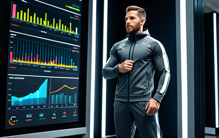 A professional male athlete in a modest, dark grey athletic tracksuit, standing confidently in a futuristic, clean gym setting. He is intently viewing a large, sleek display showing vibrant, data-driven performance analytics like speed and power charts. The environment is well-lit with modern design elements, emphasizing technology and precision. fully clothed, appropriate attire, safe for work, professional, perfect anatomy, correct proportions, natural pose, well-formed hands, proper finger count, natural body proportions, professional photography, high quality, commercial advertisement style, focused expression.
