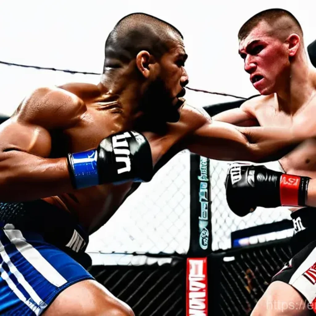 UFC 경기 규칙 - **Dynamic Legal Strike in the Octagon:** A powerful, dynamic image of two muscular male MMA fighters...