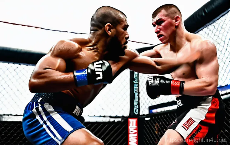 UFC 경기 규칙 - **Dynamic Legal Strike in the Octagon:** A powerful, dynamic image of two muscular male MMA fighters...