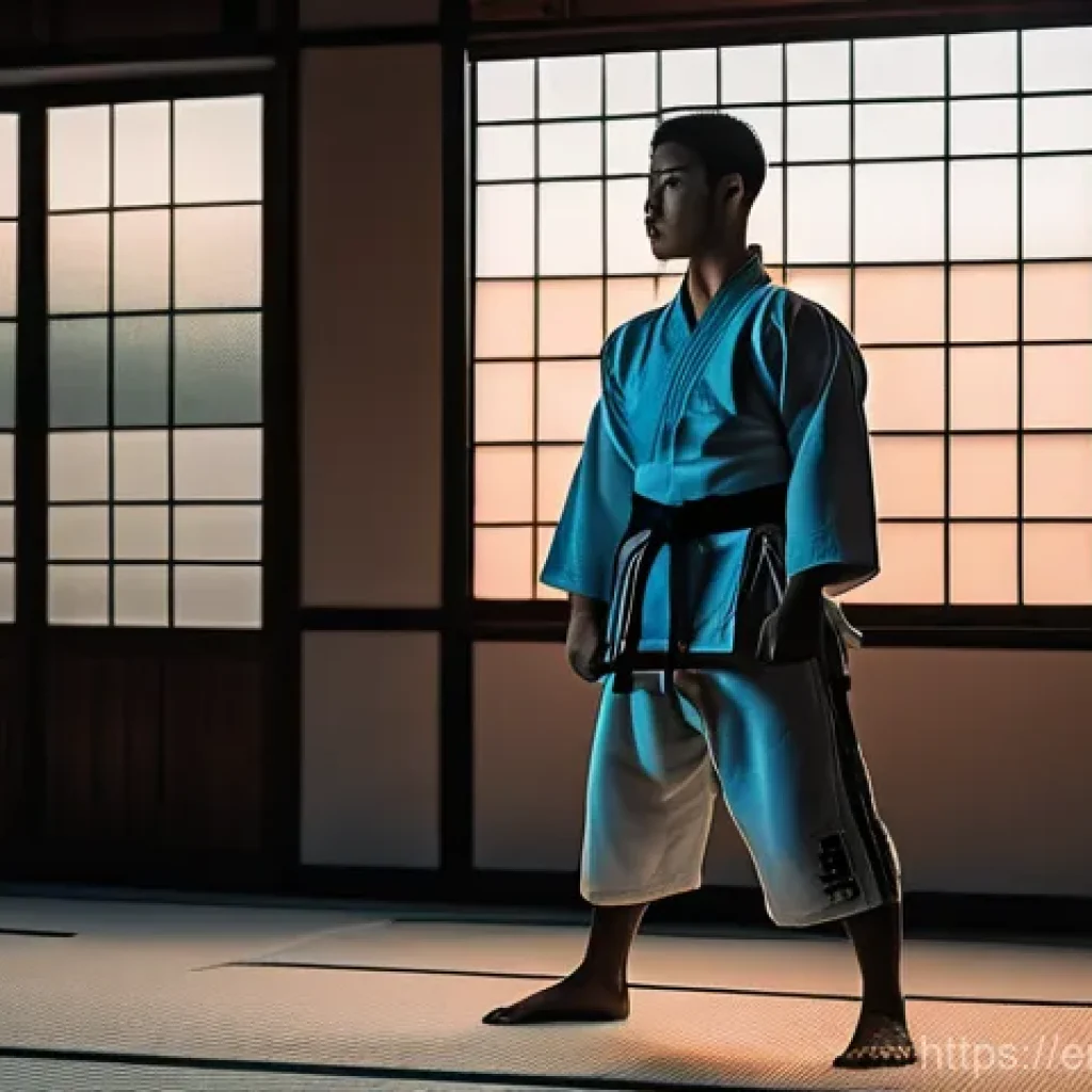 격투기 트레이닝 장소 추천 - Prompt 1: A young adult, around 20-25 years old, with an athletic build, stands thoughtfully in a st...