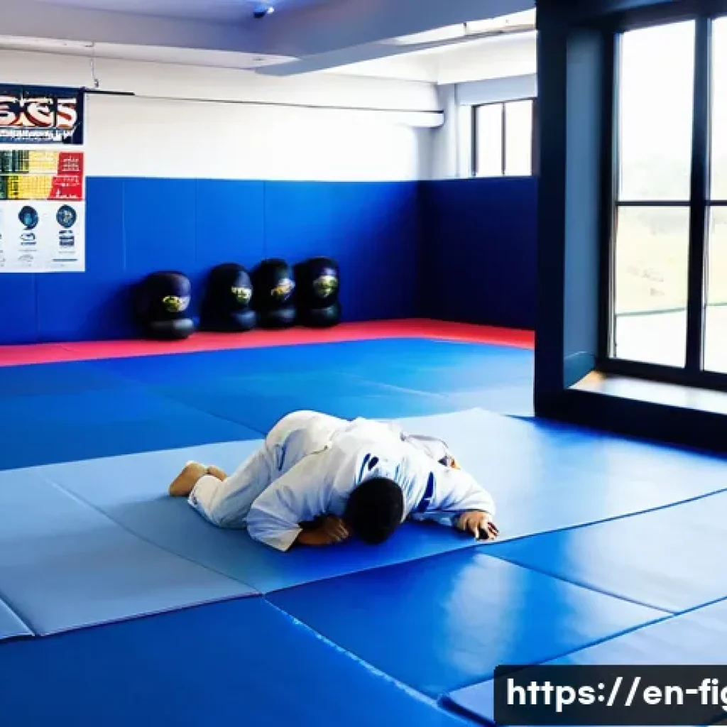 격투기 연습 장소 대구 - A clean, modern martial arts gym interior focused on Brazilian jiu-jitsu training: spacious, spotles...