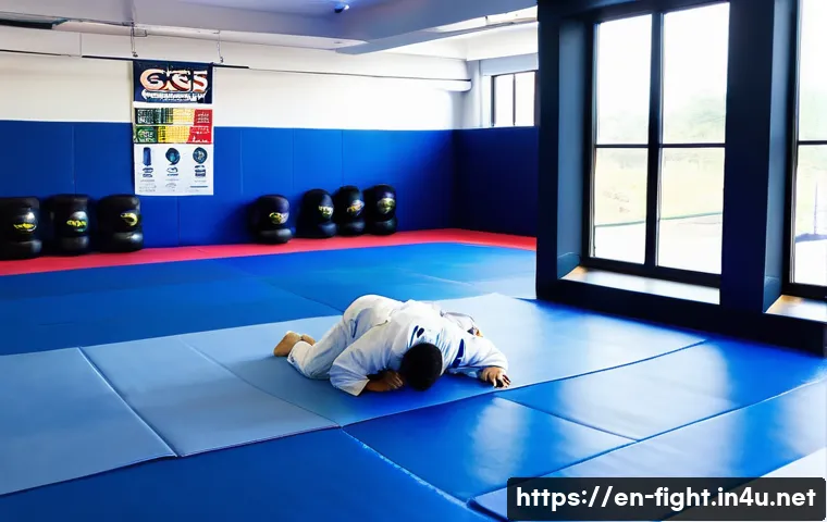 격투기 연습 장소 대구 - A clean, modern martial arts gym interior focused on Brazilian jiu-jitsu training: spacious, spotles...