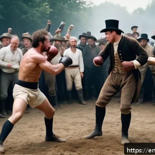 격투기 룰 변화 히스토리 - A detailed historical scene depicting an 18th-century bare-knuckle fight in a rustic outdoor setting...
