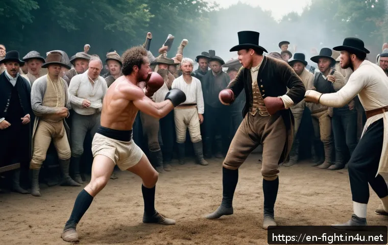 격투기 룰 변화 히스토리 - A detailed historical scene depicting an 18th-century bare-knuckle fight in a rustic outdoor setting...