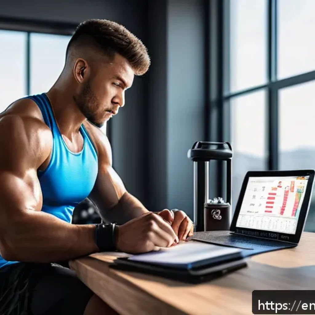 격투기 훈련 로그 기록법 - A focused MMA athlete wearing modern sportswear and compression shorts, sitting at a sleek desk with...
