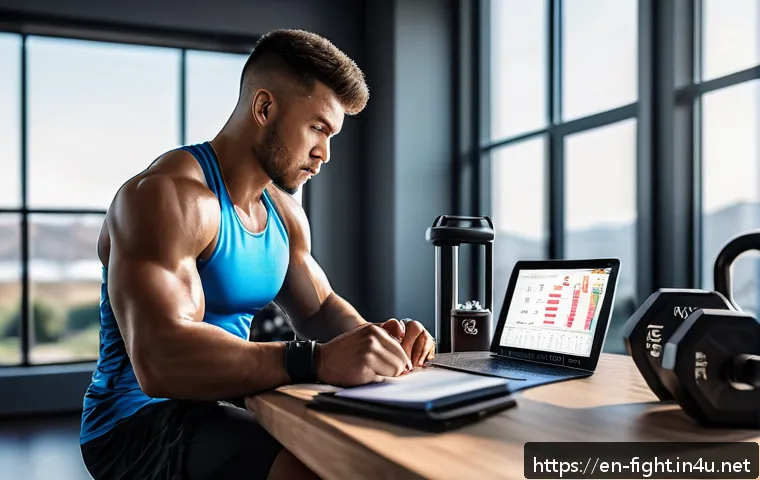 격투기 훈련 로그 기록법 - A focused MMA athlete wearing modern sportswear and compression shorts, sitting at a sleek desk with...