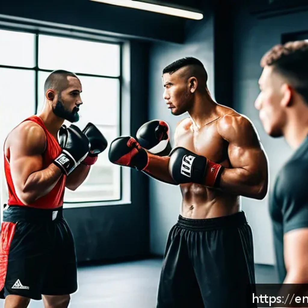 격투기 관련 인기 유튜브 채널 - A dynamic scene inside a modern MMA gym during an intense training session: a diverse group of athle...