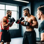 격투기 관련 인기 유튜브 채널 - A dynamic scene inside a modern MMA gym during an intense training session: a diverse group of athle...