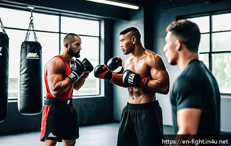 격투기 관련 인기 유튜브 채널 - A dynamic scene inside a modern MMA gym during an intense training session: a diverse group of athle...