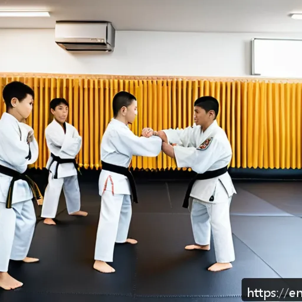 격투기 트레이너 자격증 - A professional martial arts trainer instructing a diverse group of students in a modern dojo, demons...