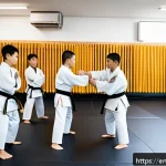 격투기 트레이너 자격증 - A professional martial arts trainer instructing a diverse group of students in a modern dojo, demons...
