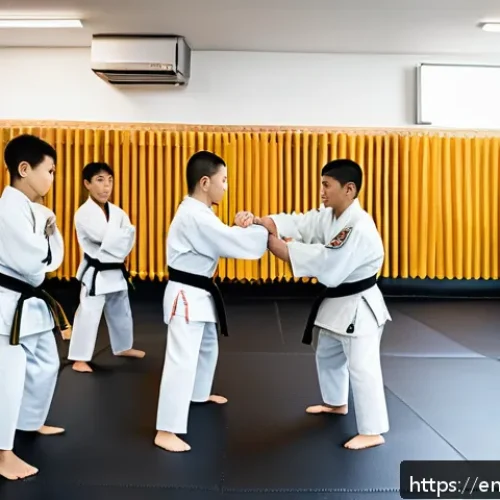 격투기 트레이너 자격증 - A professional martial arts trainer instructing a diverse group of students in a modern dojo, demons...