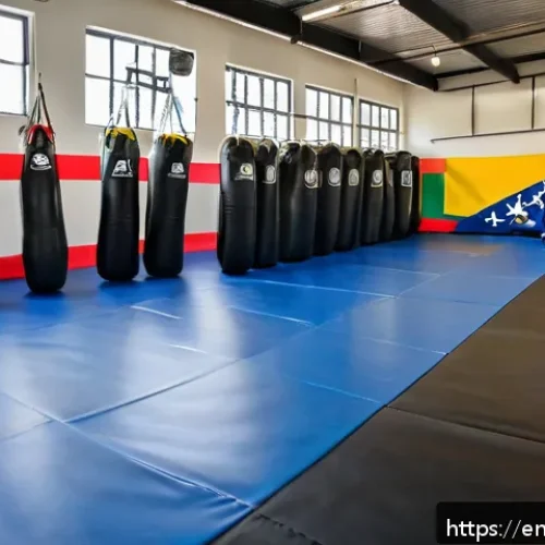 격투기 트레이닝 비용 - A well-lit mid-sized MMA gym interior showcasing a diverse group of adult trainees practicing Brazil...